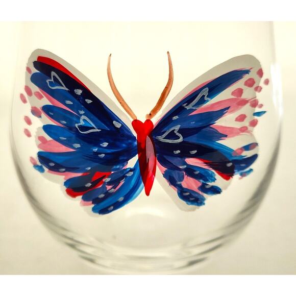 STEMLESS WINE GLASSES-Hand Painted-Butterfly-Blue Red White-SET OF 2 - Picture 2 of 9